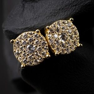 Mens 14K Gold Round Circle Cluster Earrings